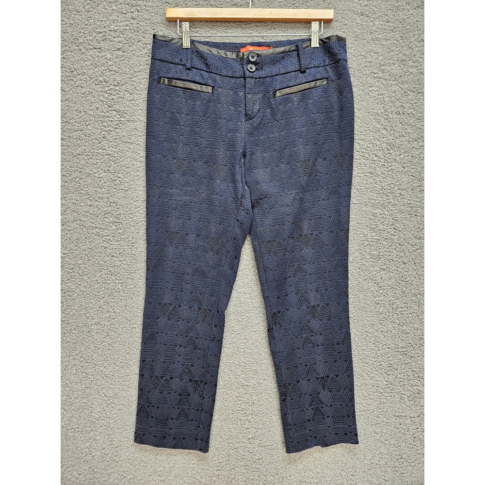Anthropologie Cartonnier Charlie Ankle Pants 8 Blue Geometric Faux Leather Trim